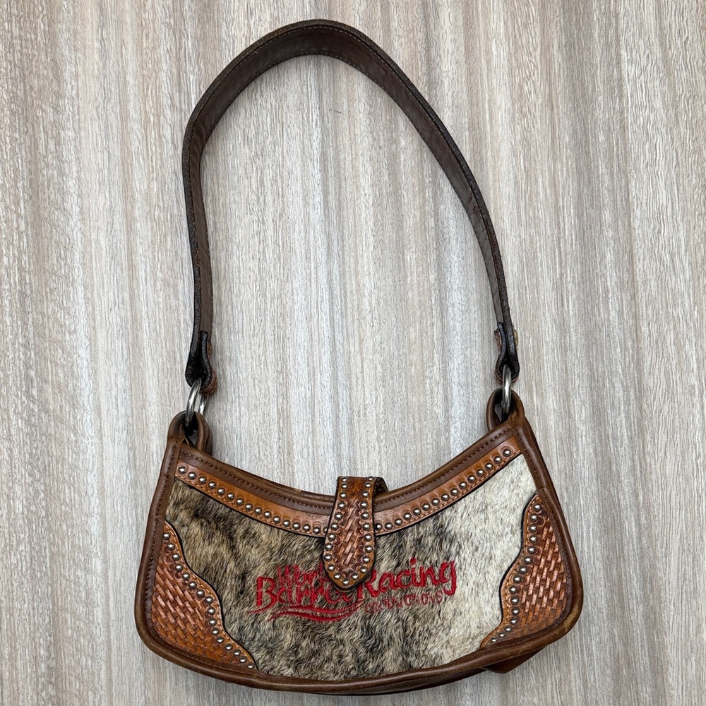 Double J Saddlery Vintage Beaded Leather Shoulder Bag w/ Cowhide & Beaded Strap